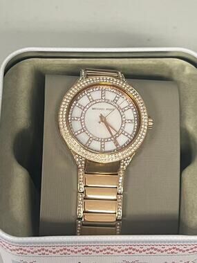 Michael Kors MK3313 Womens Gold Crystal Watch White MOP Dial Stainless Steel